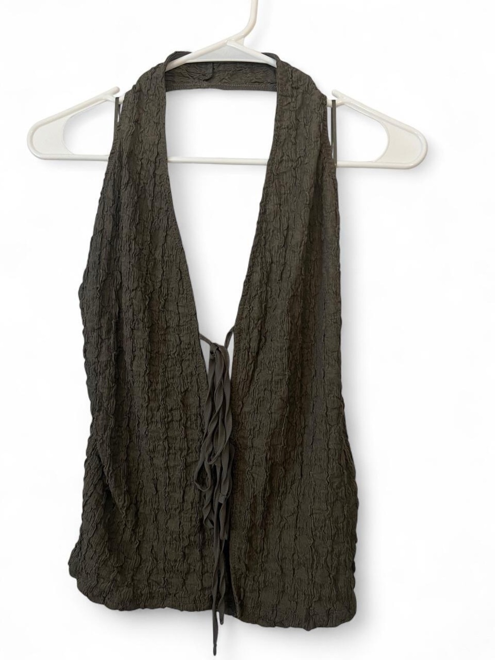 Zara olive green crinkle textured tie front halter tank top size large